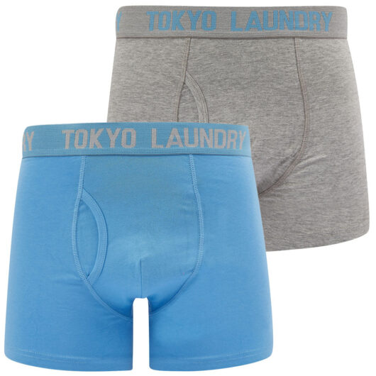 Mens Underwear Tower (2 Pack) Boxer Shorts Set in Azure Blue / Light Grey Marl / S - Tokyo Laundry